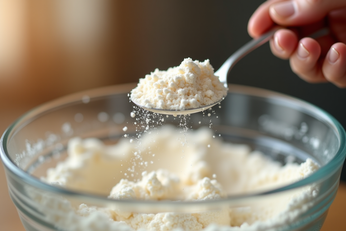 Main mesurant de la poudre à pâte avec une cuillère sur un bol de pâtisserie