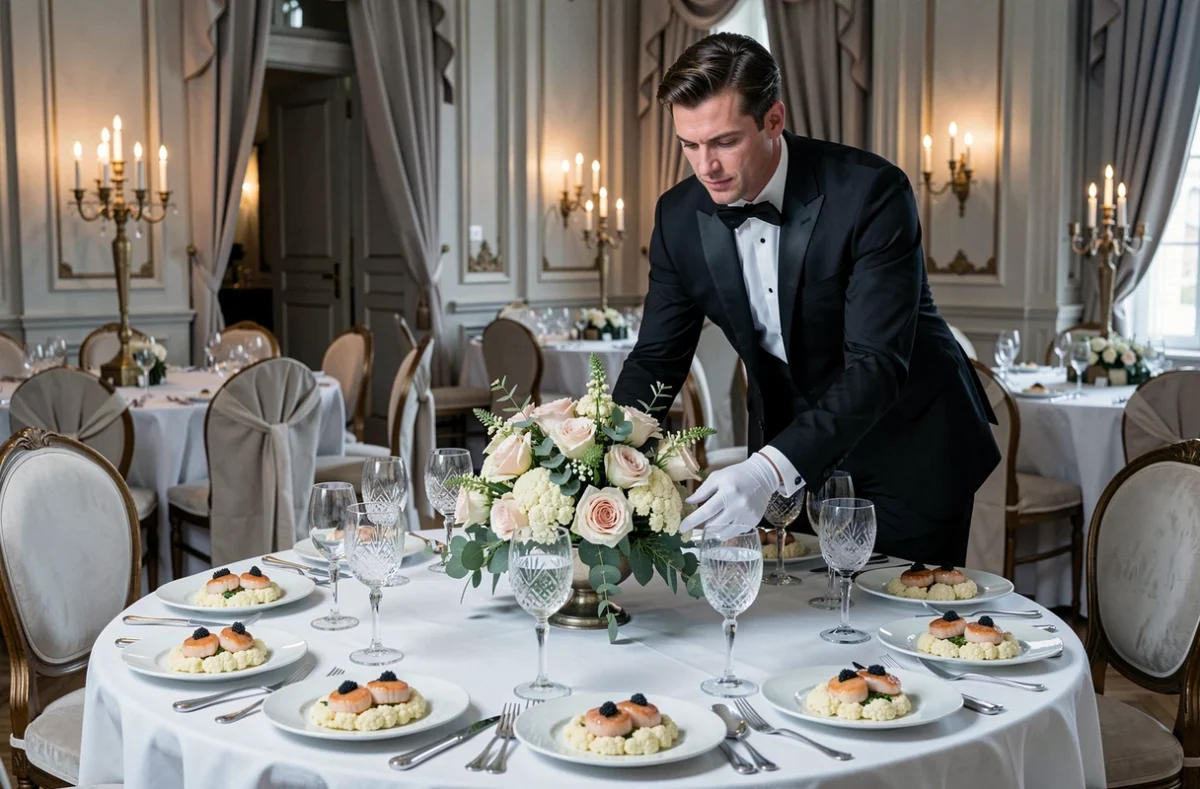 Table de réception haut de gamme dressée avec verrerie en cristal et assiette gastronomique de Saint-Jacques dans un château de Durtal