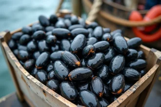 Caisse en bois remplie de moules de bouchot fraîches sur un quai de pêche en Normandie