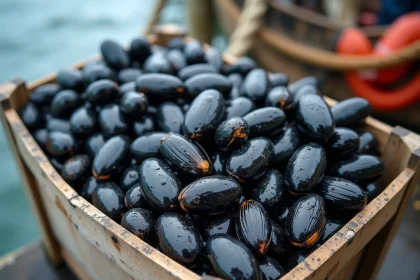Caisse en bois remplie de moules de bouchot fraîches sur un quai de pêche en Normandie