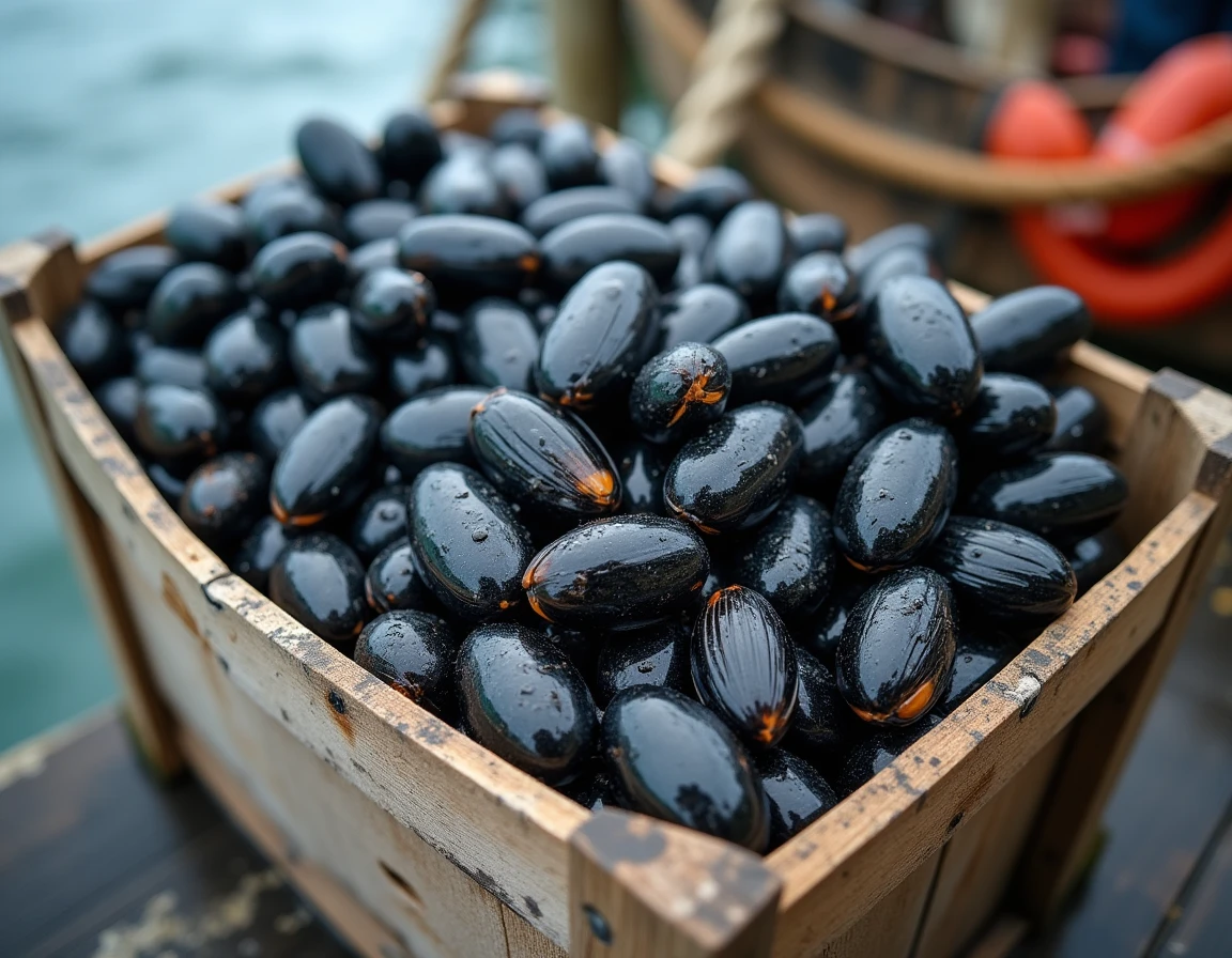 Caisse en bois remplie de moules de bouchot fraîches sur un quai de pêche en Normandie