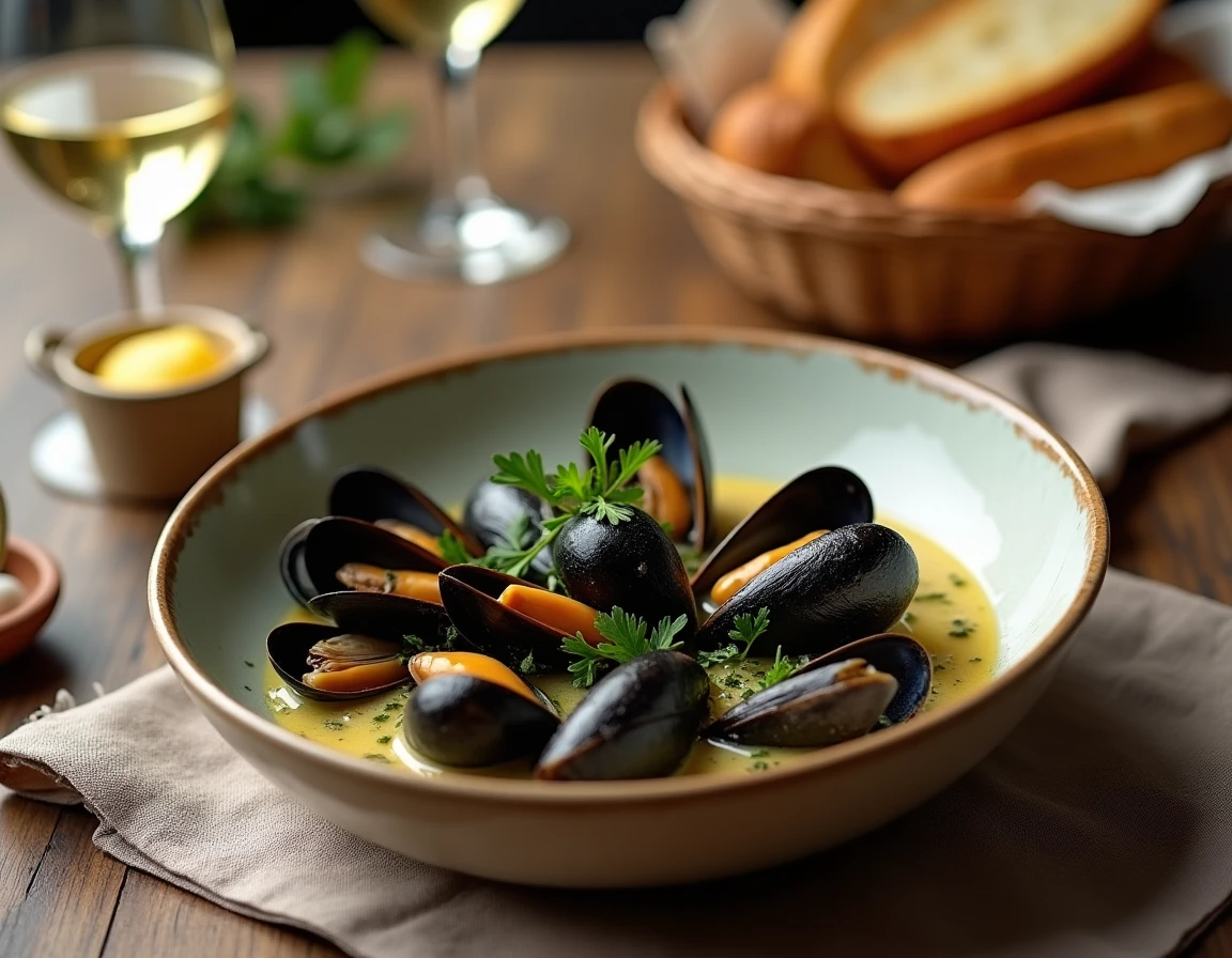 Bol de moules marinières fumantes avec pain et vin blanc dans une brasserie bretonne en bord de mer