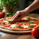 Main nettoyant une pierre à pizza avec une brosse naturelle