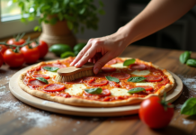 Main nettoyant une pierre à pizza avec une brosse naturelle