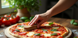 Main nettoyant une pierre à pizza avec une brosse naturelle