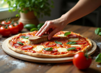 Main nettoyant une pierre à pizza avec une brosse naturelle