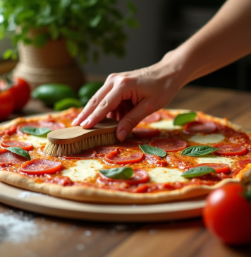 Nettoyer sa pierre à pizza : méthodes efficaces et conseils pratiques Main nettoyant une pierre à pizza avec une brosse naturelle