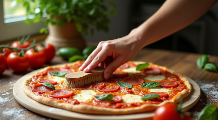 Main nettoyant une pierre à pizza avec une brosse naturelle