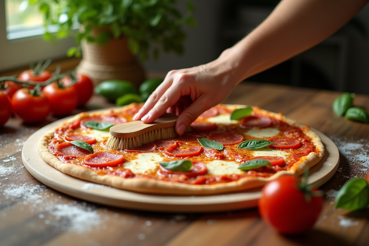 Main nettoyant une pierre à pizza avec une brosse naturelle