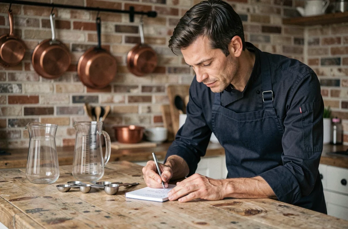 Homme consultant ses notes de conversion cuisine avec des outils de mesure graduée posés sur un plan de travail en bois