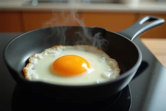 Œuf au plat en train de cuire doucement dans une poêle en fonte noire sur un feu doux, jaune intact et blanc juste coagulé pour préserver les protéines