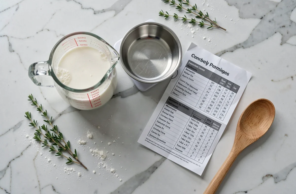 Vue de dessus d'un verre doseur en centilitres, une balance numérique et un tableau de conversion posés sur un plan de travail en marbre