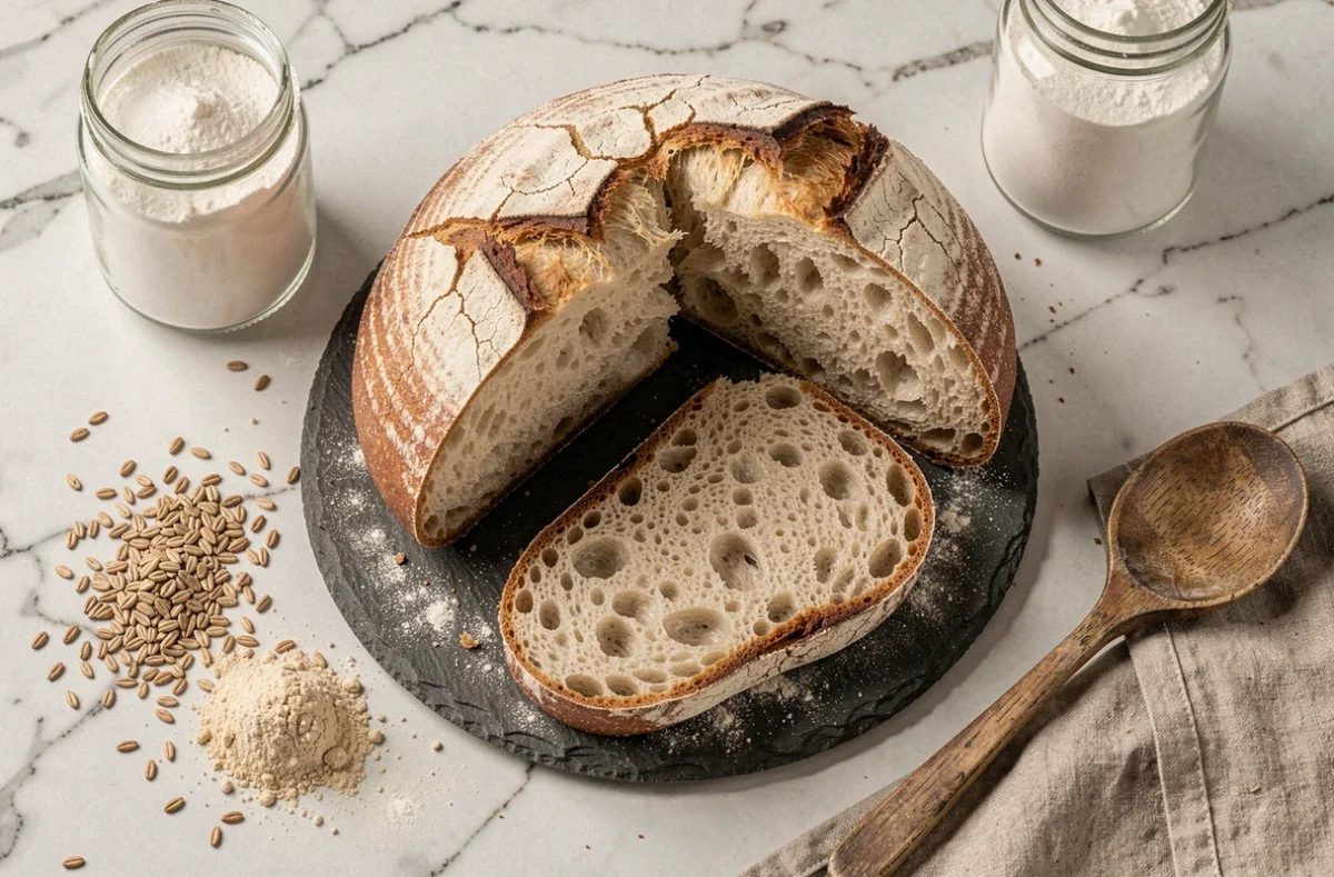 Pain tranché à mie aérée sur ardoise avec levure chimique et ingrédients de boulangerie disposés autour