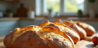 Pain artisanal croustillant sur une table en bois