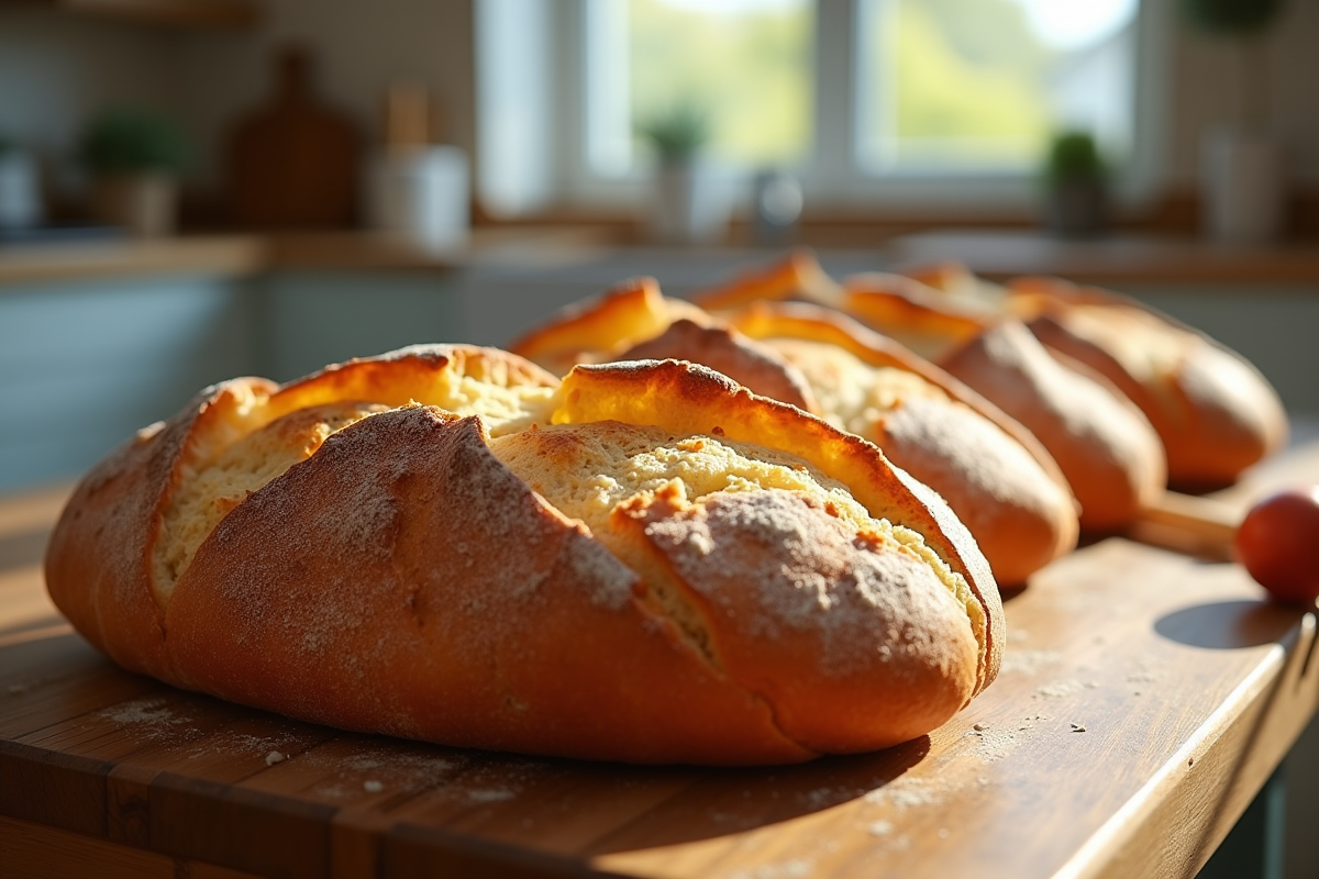 Pain artisanal croustillant sur une table en bois