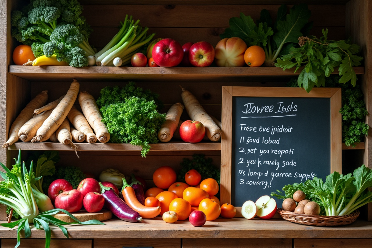 Étagère en bois rustique avec légumes racines et conseils de conservation