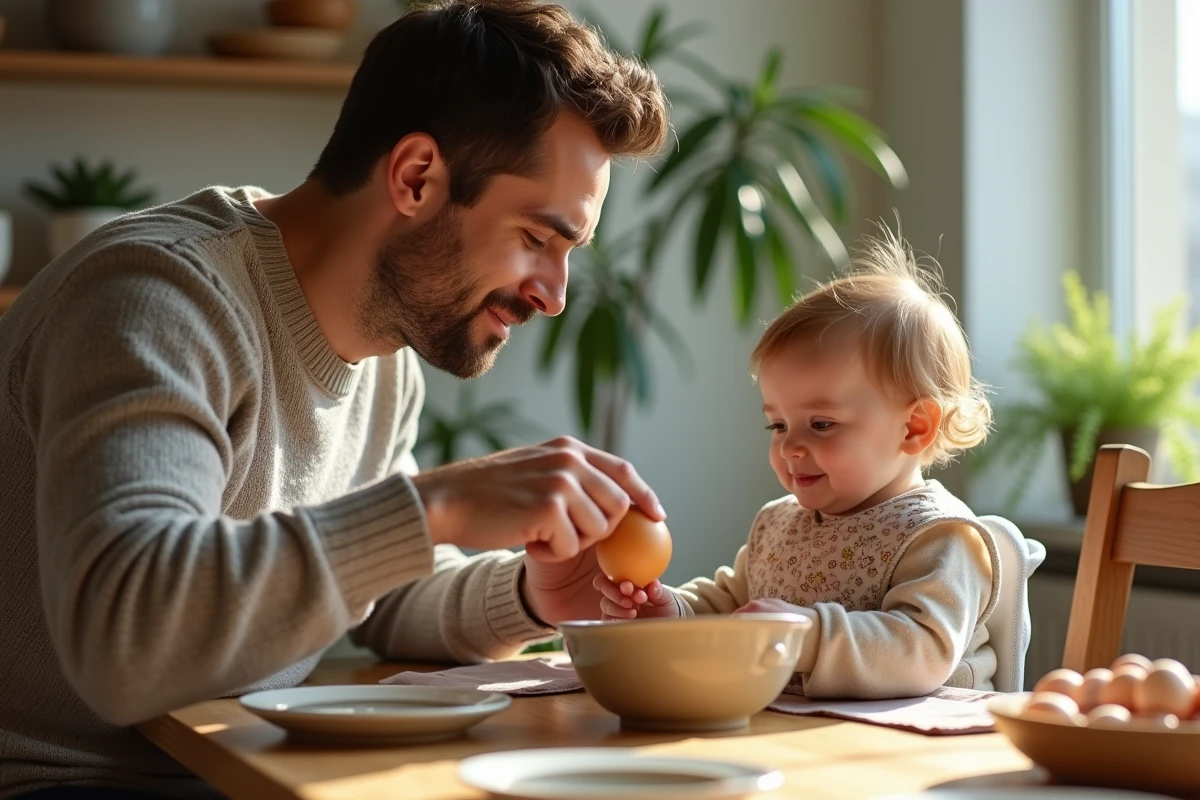 Père casse un œuf pour sa fille dans la salle à manger