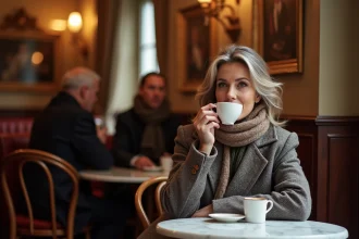 Femme parisienne sirotant un espresso dans un café chic