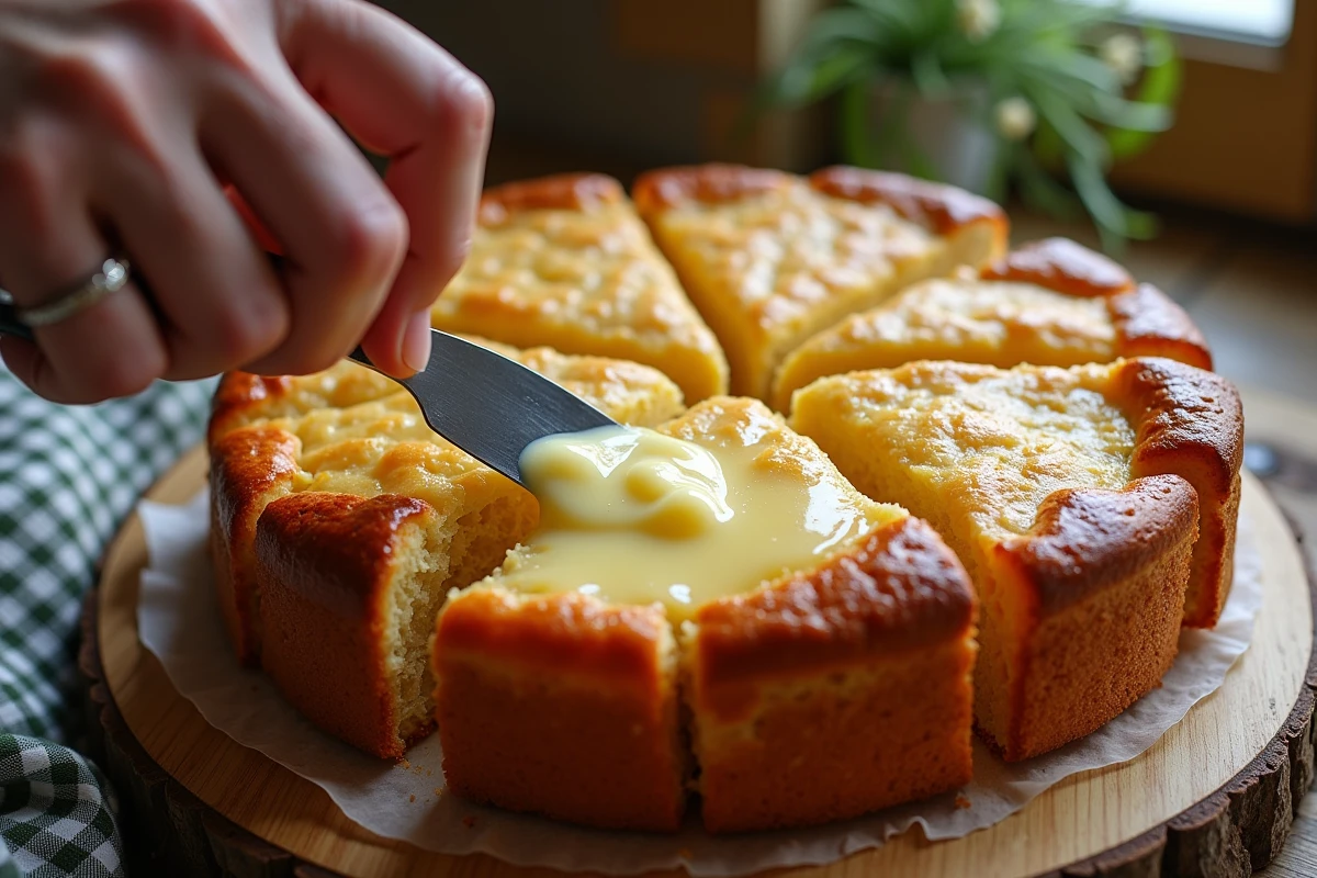 Partage d un quatre-quarts breton avec beurre fondu sur une table