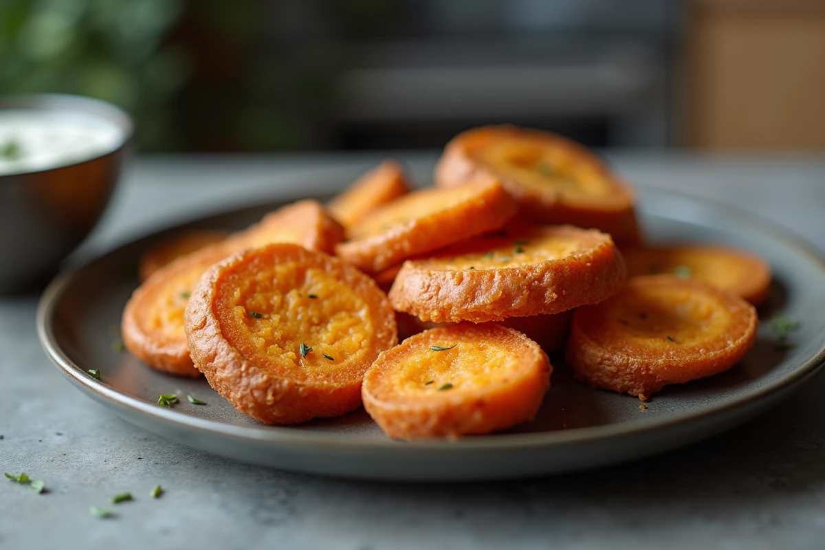 Rondelles de patate douce croustillantes en gros plan avec sauce yaourt aux herbes