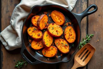 Patates douces poêlées dorées dans une poêle en fonte avec thym frais et paprika fumé