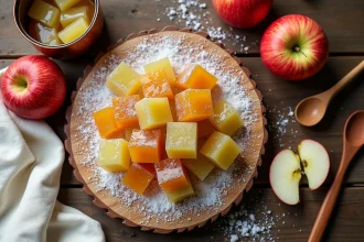 Pâtes de fruit à la pomme faites maison disposées sur une planche en bois avec du sucre cristallisé, recette artisanale 2026