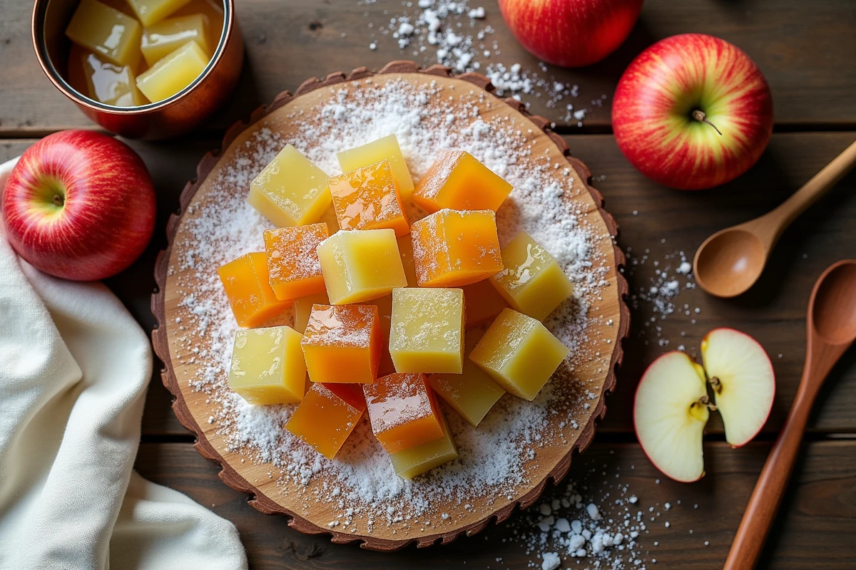 Pâtes de fruit à la pomme faites maison disposées sur une planche en bois avec du sucre cristallisé, recette artisanale 2026