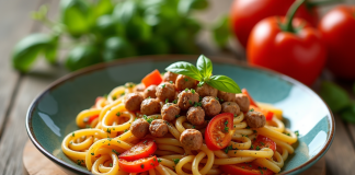 Pâtes végétariennes avec substitut de viande chorizo sur une table en bois