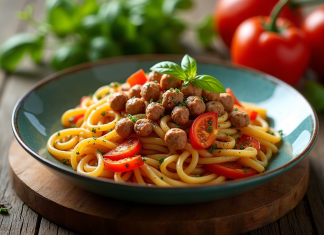 Pâtes végétariennes avec substitut de viande chorizo sur une table en bois