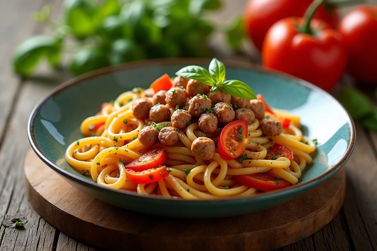 Pâtes végétariennes avec substitut de viande chorizo sur une table en bois