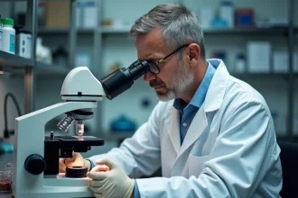 Pathologiste forensique examinant un échantillon au microscope