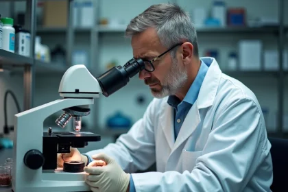 Pathologiste forensique examinant un échantillon au microscope
