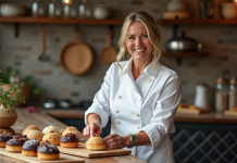 Femme chef française devant pâtisseries élégantes
