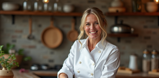 Femme chef française devant pâtisseries élégantes