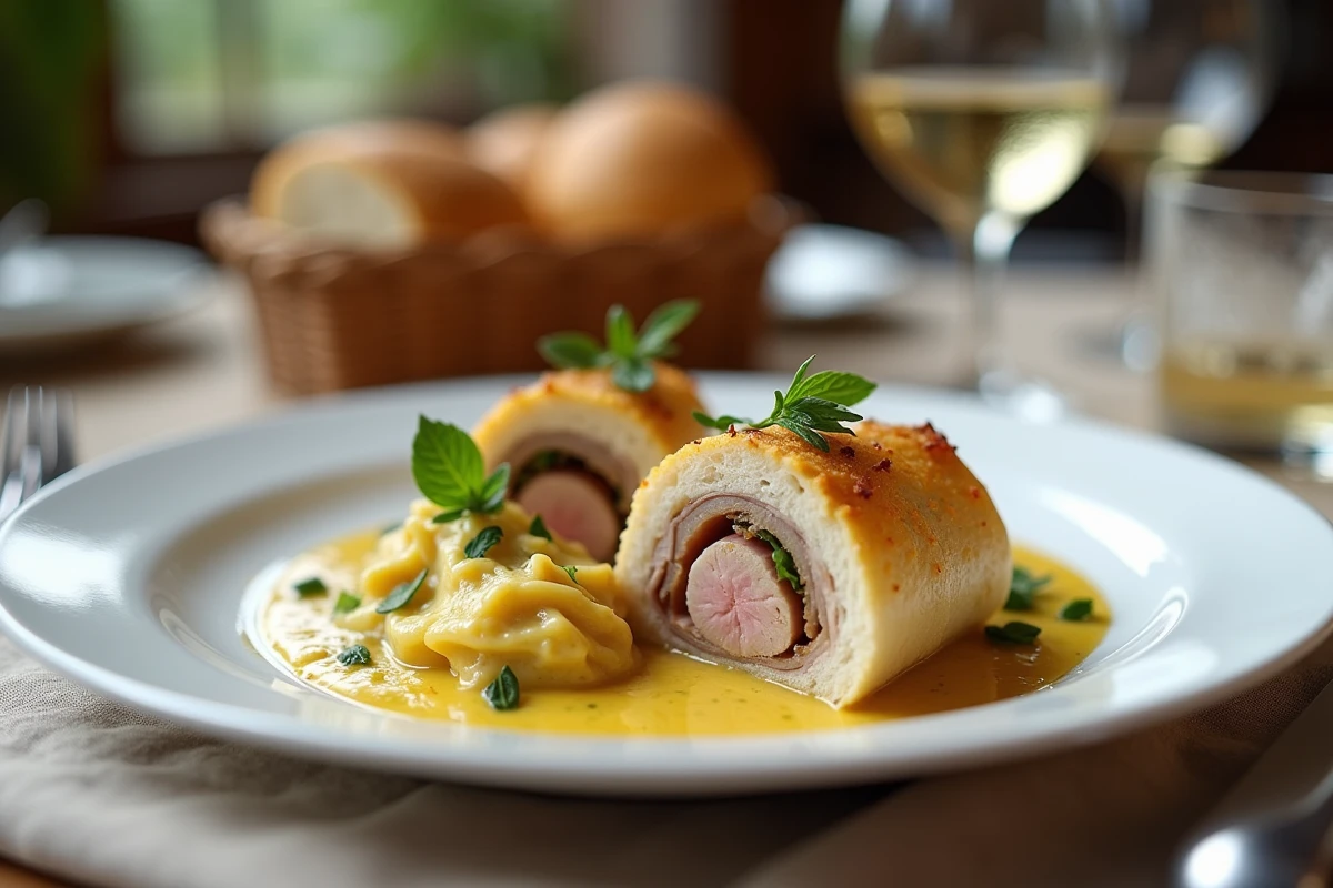 Paupiette de porc tranch&eacute;e avec sauce moutarde et herbes fra&icirc;ches