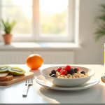 Table moderne petit déjeuner blanc avec flocons et fruits