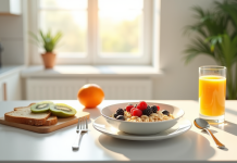 Table moderne petit déjeuner blanc avec flocons et fruits