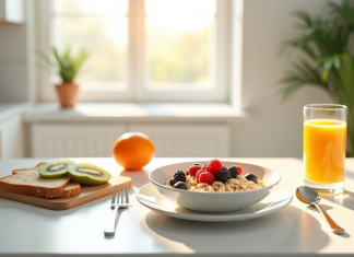 Petit-déjeuner faible en calories : idées et conseils nutrition Table moderne petit déjeuner blanc avec flocons et fruits