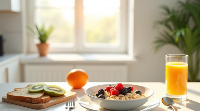 Table moderne petit déjeuner blanc avec flocons et fruits