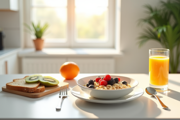 Table moderne petit déjeuner blanc avec flocons et fruits