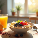 Bol de porridge aux fruits frais et jus d'orange