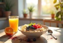 Bol de porridge aux fruits frais et jus d'orange