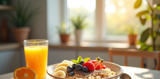 Bol de porridge aux fruits frais et jus d'orange