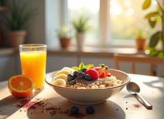 Repas sains : Que manger à chaque repas ? Astuces et conseils nutrition Bol de porridge aux fruits frais et jus d'orange