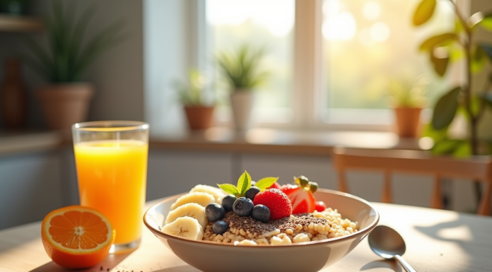 Bol de porridge aux fruits frais et jus d'orange