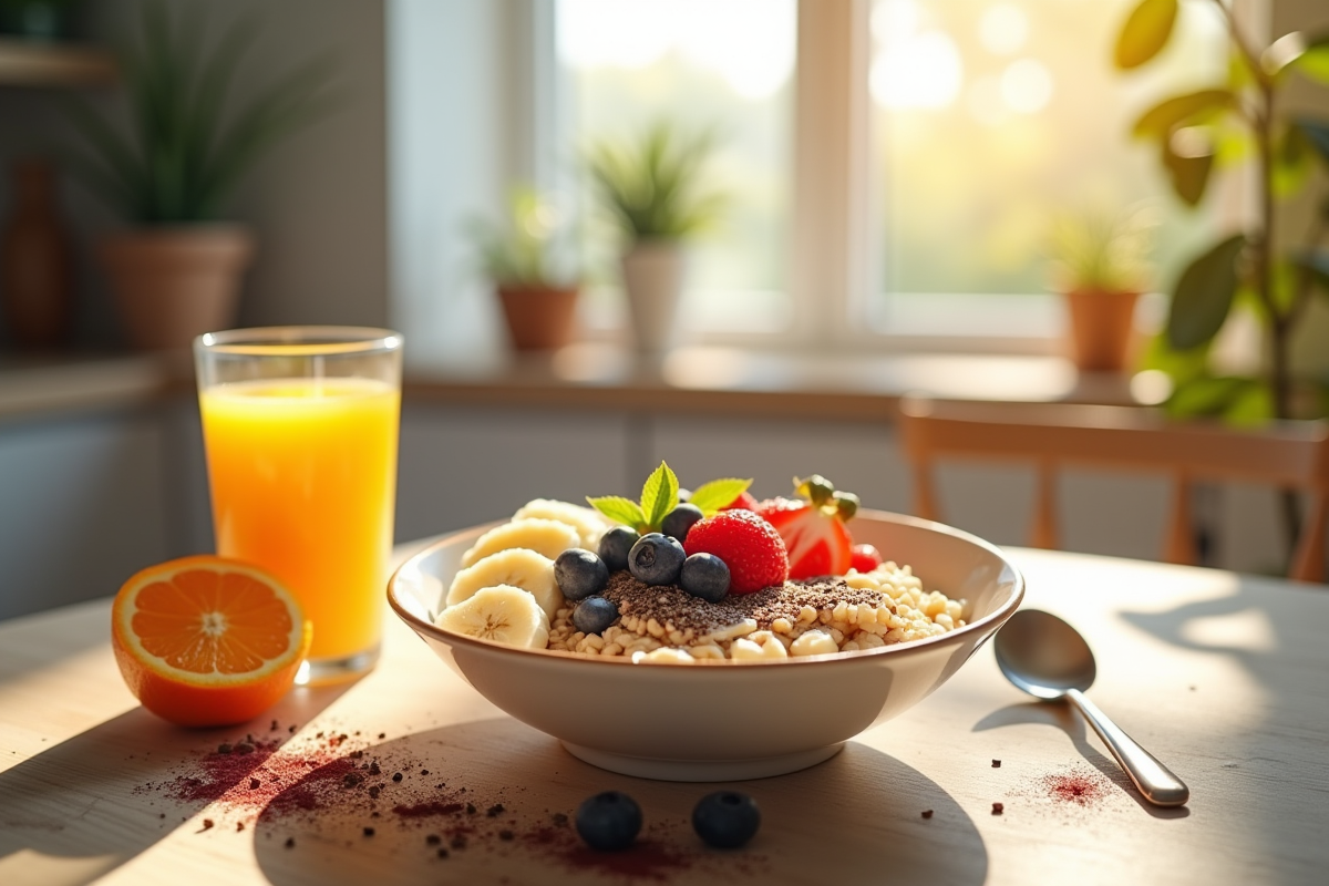 Bol de porridge aux fruits frais et jus d'orange