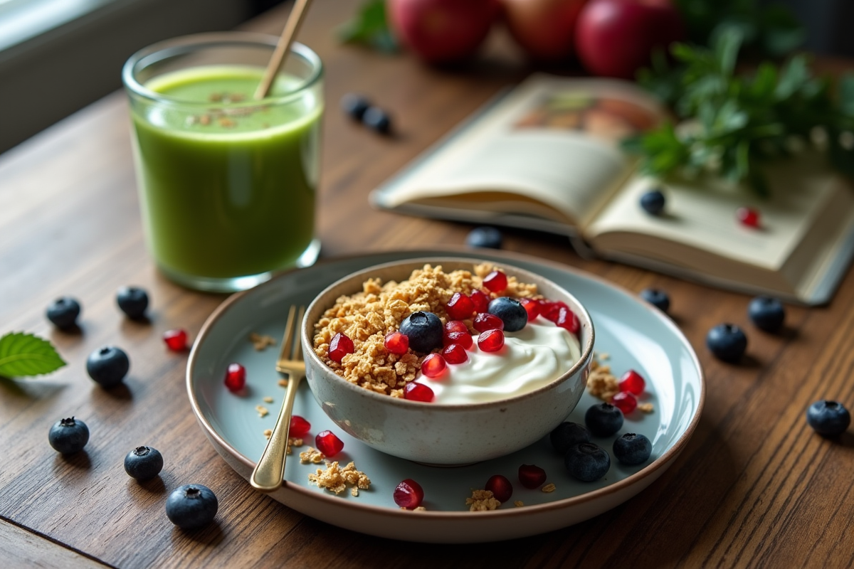 Petit déjeuner urbain sur table en bois avec yaourt et smoothie