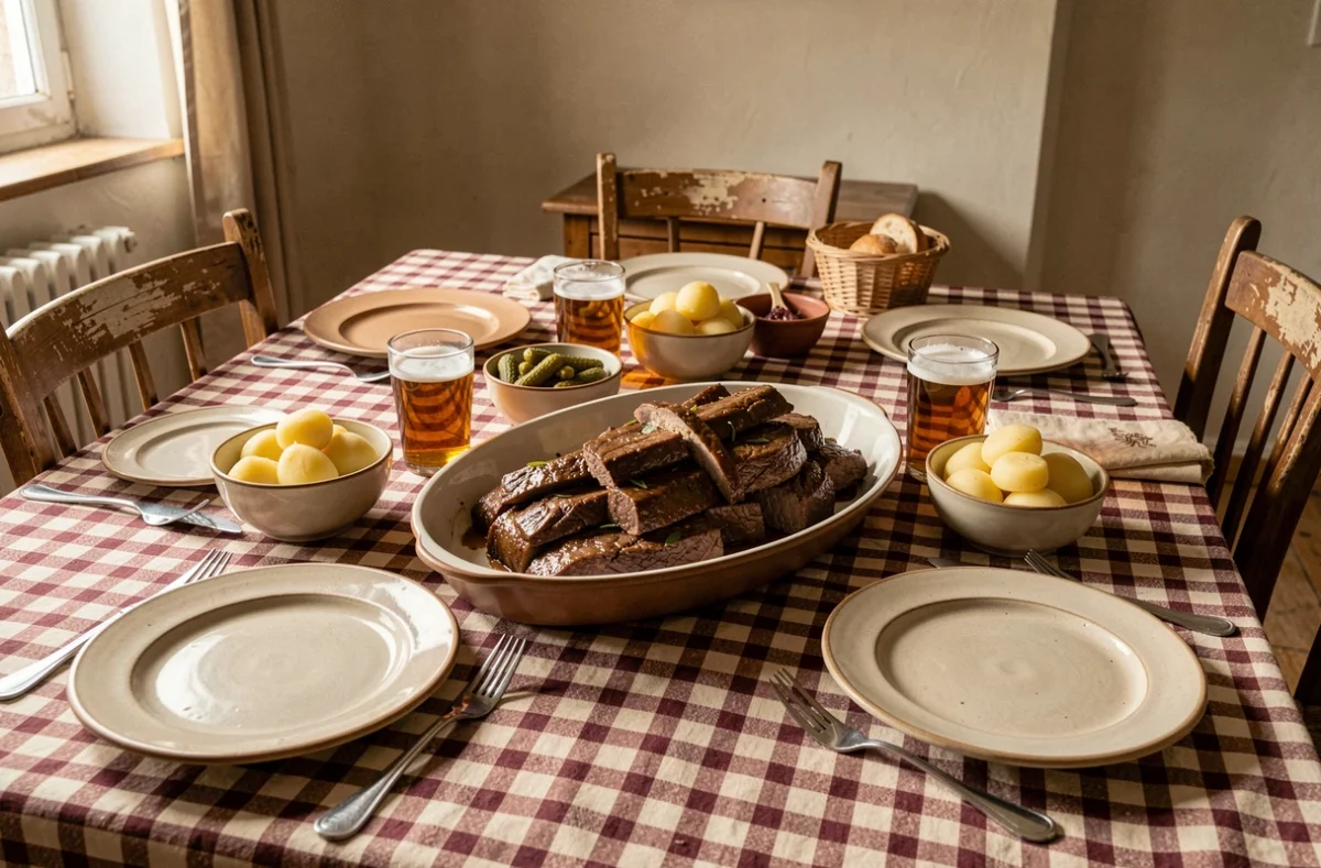 Plat de carbonnade flamande ch'ti pour 4 personnes posé au centre d'une table dressée avec pommes de terre et bière ambrée