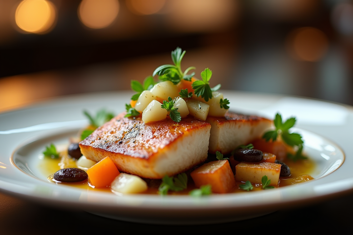 Poisson swordfish grillé avec salsa de nashi et légumes