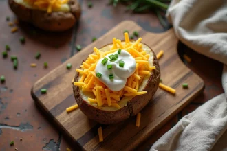 Pomme de terre au four maison coupée en deux avec crème fraîche, cheddar râpé et ciboulette sur une planche en bois rustique